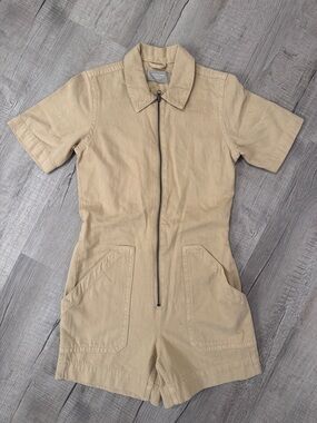 Everlane The Denim Short Coverall Short Sleeve Zip Front Romper in Khaki